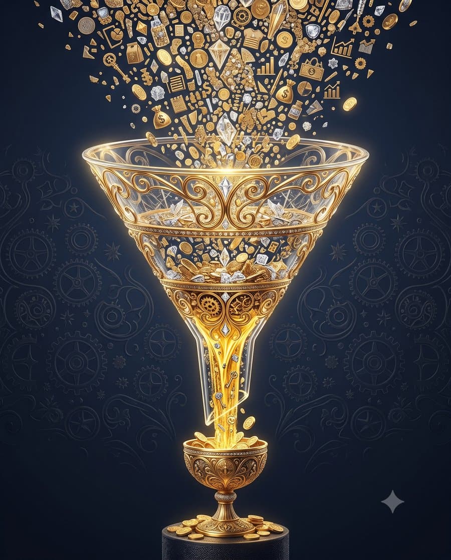 Ilustração de uma taça-funil dourada organizando ícones de negócio em resultado